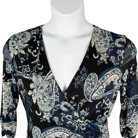 Vintage Worthington Top Womens Large Mesh Babydoll Paisley Y2K Faux Wrap - Picture 2 of 15